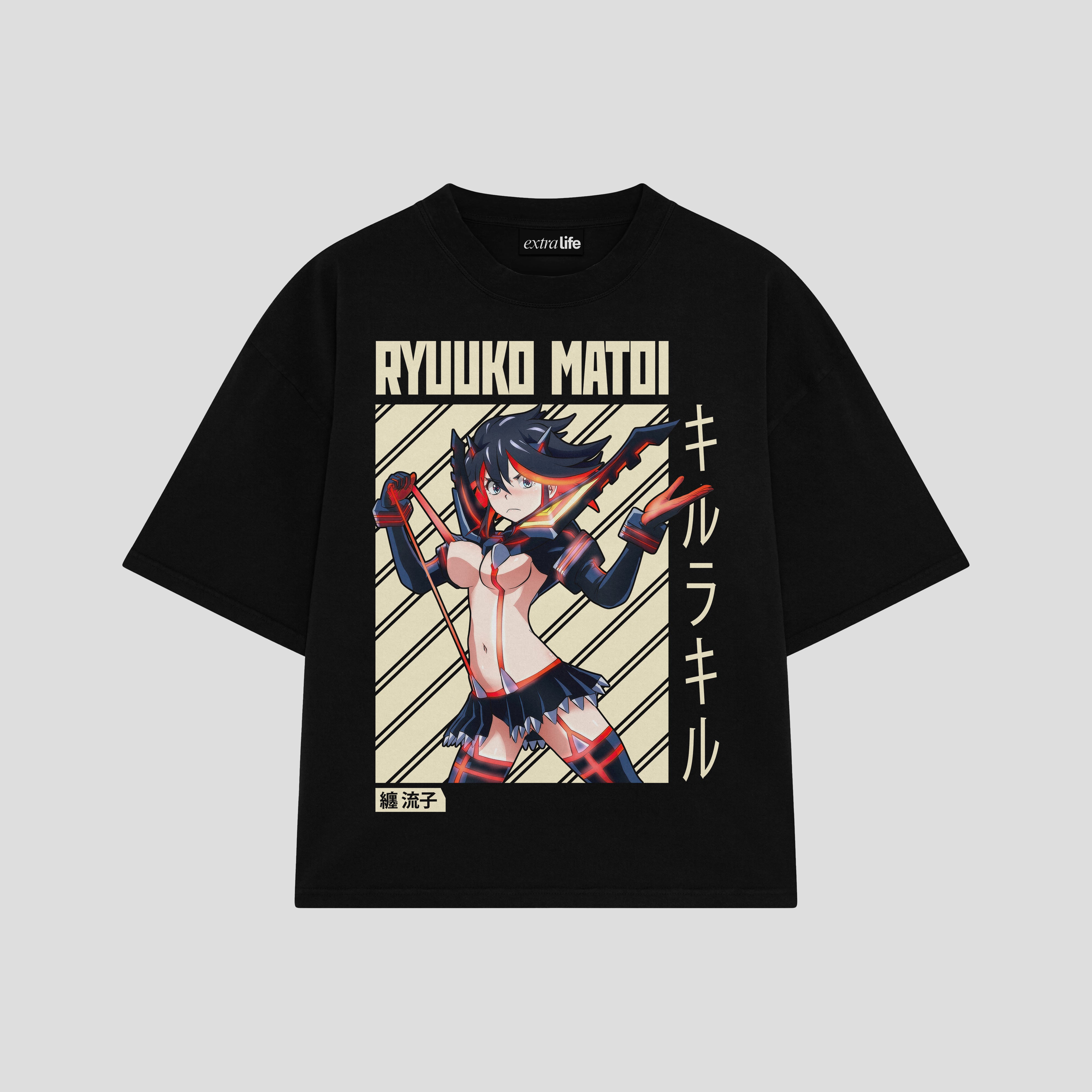 Playera streetwear premium de anime y gaming ExtraLife MX, corte boxy oversized drop shoulder heavyweight en color Deep Black y Off-White, moda urbana mexicana de culto.