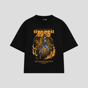 Playera streetwear premium de anime y gaming ExtraLife MX, corte boxy oversized drop shoulder heavyweight en color Deep Black y Off-White, moda urbana mexicana de culto.
