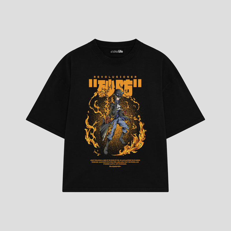 Playera streetwear premium de anime y gaming ExtraLife MX, corte boxy oversized drop shoulder heavyweight en color Deep Black y Off-White, moda urbana mexicana de culto.