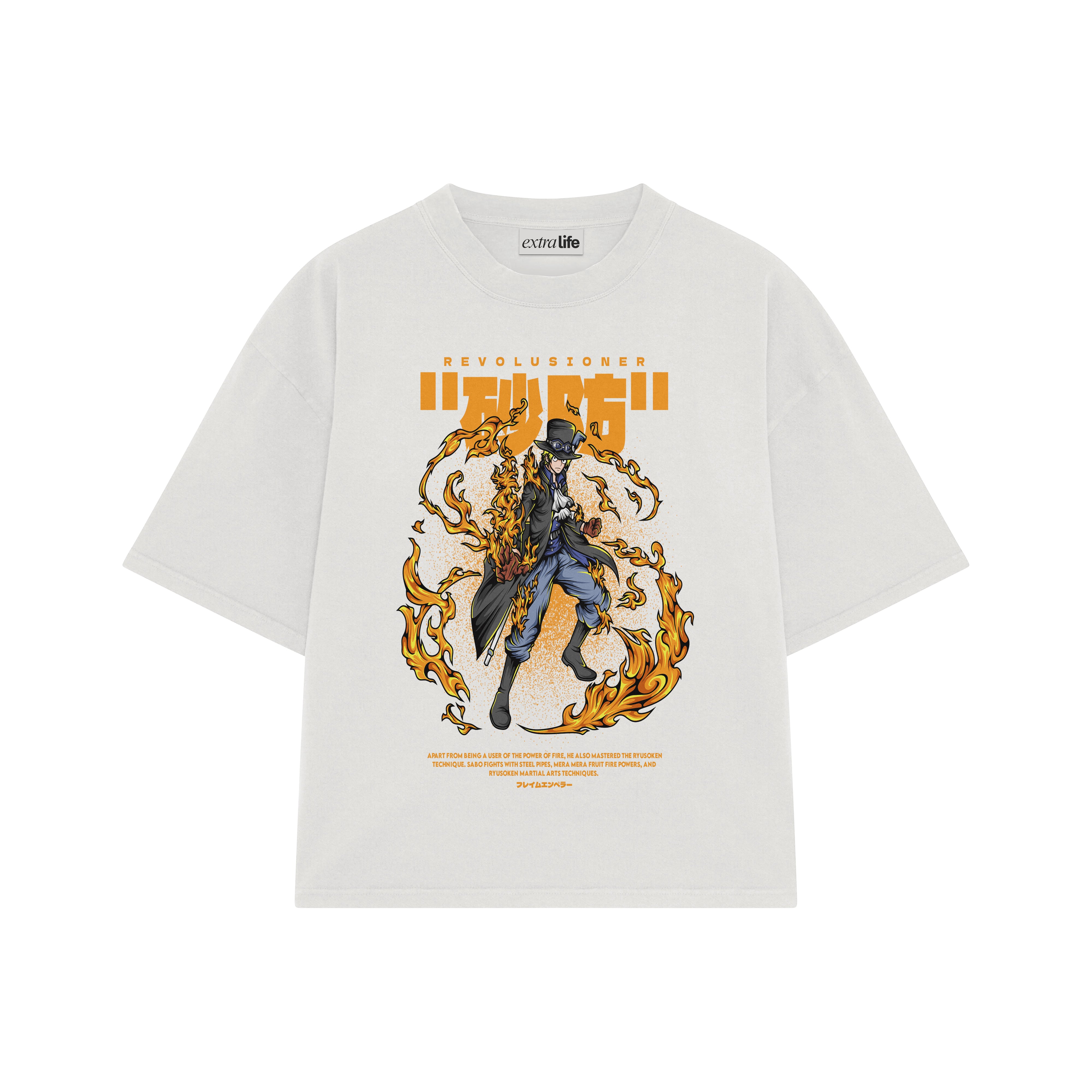 Playera streetwear premium de anime y gaming ExtraLife MX, corte boxy oversized drop shoulder heavyweight en color Deep Black y Off-White, moda urbana mexicana de culto.