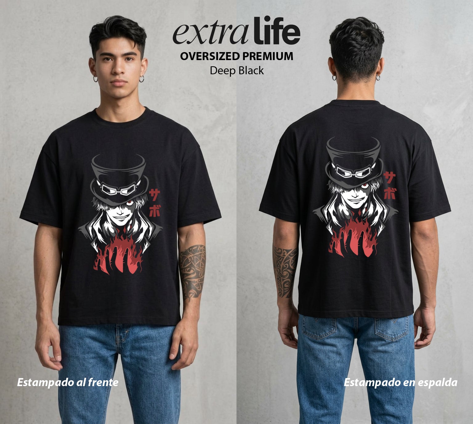 Mar de los Piratas | El Hermano del Fuego #03728 - Playera Oversized Premium | Deep Black - Foto en modelo