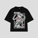 Playera streetwear premium de anime y gaming ExtraLife MX, corte boxy oversized drop shoulder heavyweight en color Deep Black y Off-White, moda urbana mexicana de culto.