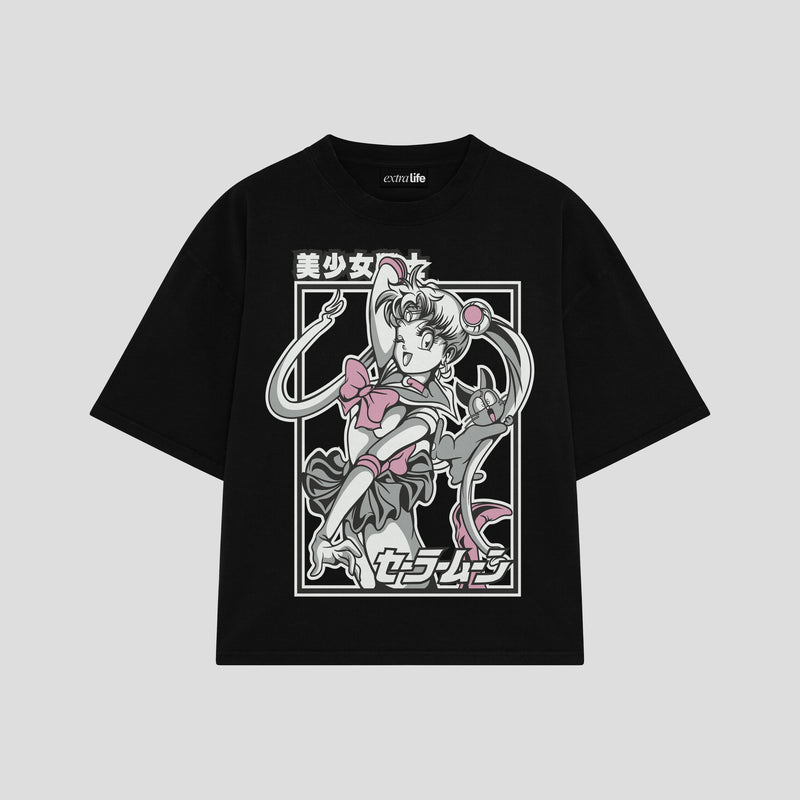 Playera streetwear premium de anime y gaming ExtraLife MX, corte boxy oversized drop shoulder heavyweight en color Deep Black y Off-White, moda urbana mexicana de culto.