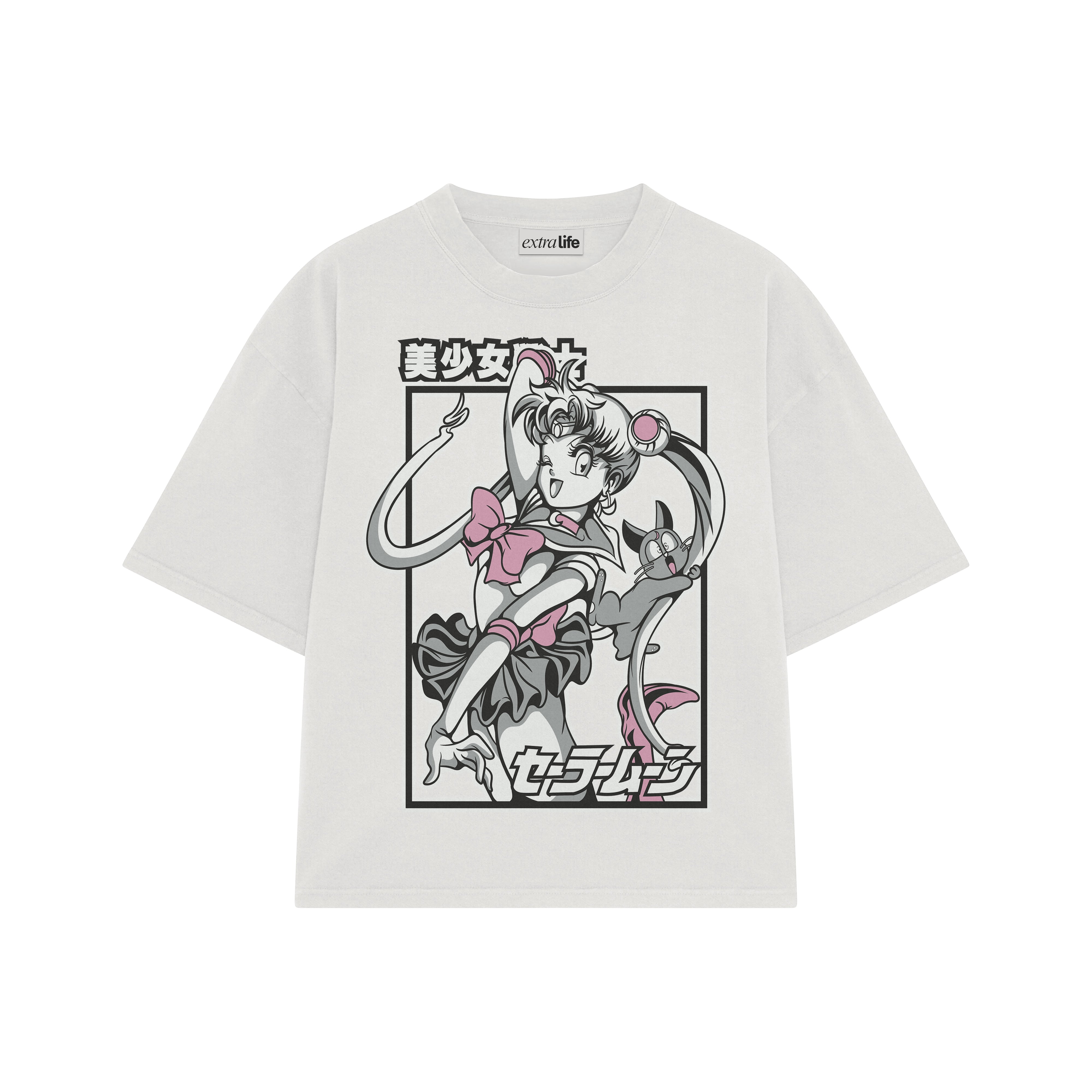 Playera streetwear premium de anime y gaming ExtraLife MX, corte boxy oversized drop shoulder heavyweight en color Deep Black y Off-White, moda urbana mexicana de culto.