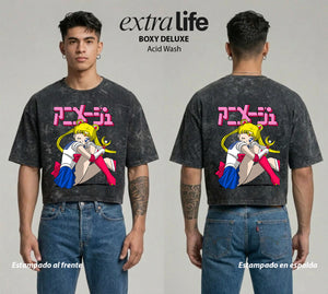 Playera streetwear premium de anime y gaming ExtraLife MX, corte boxy deluxe mineral wash heavyweight en color Acid Wash, moda urbana mexicana de culto.