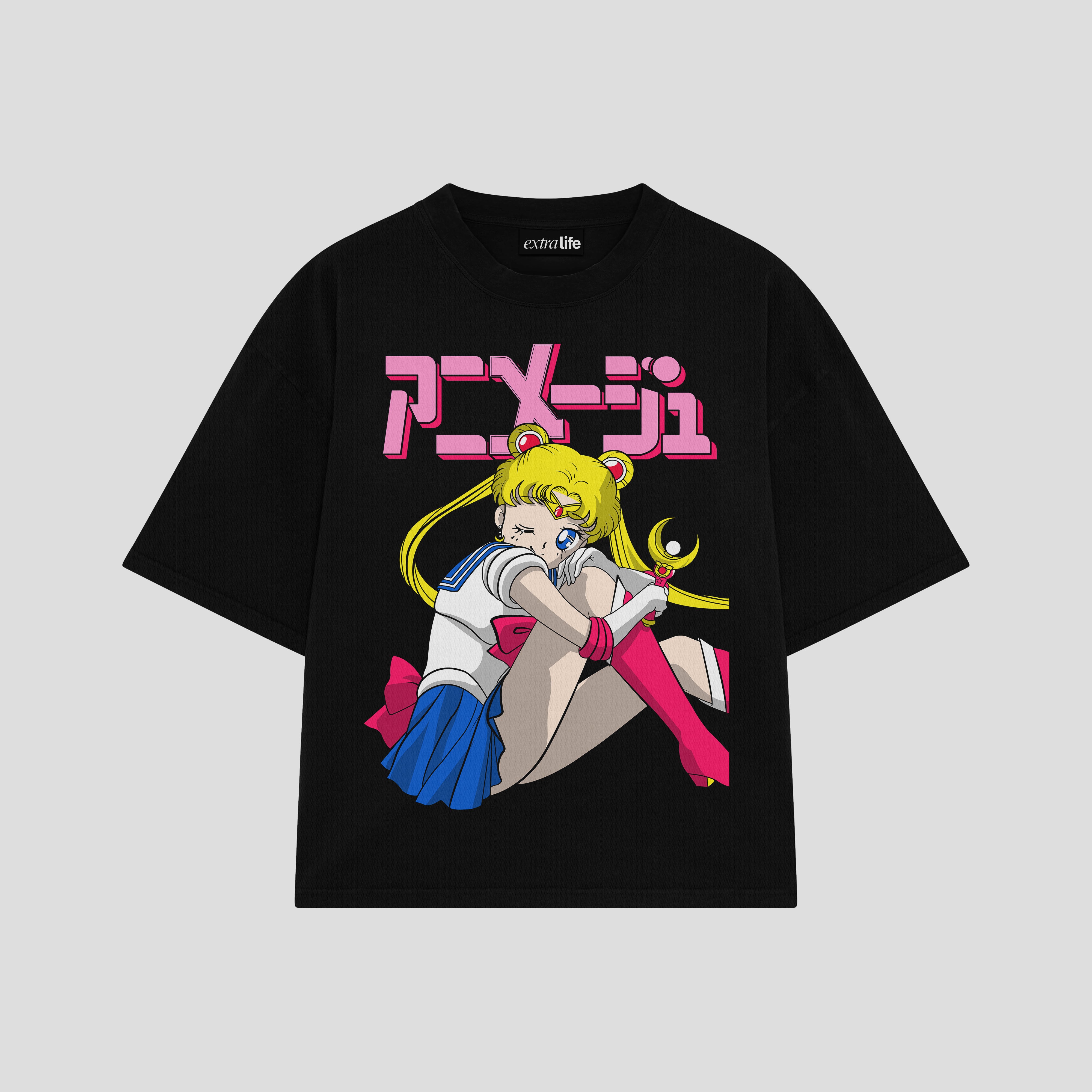 Playera streetwear premium de anime y gaming ExtraLife MX, corte boxy oversized drop shoulder heavyweight en color Deep Black y Off-White, moda urbana mexicana de culto.