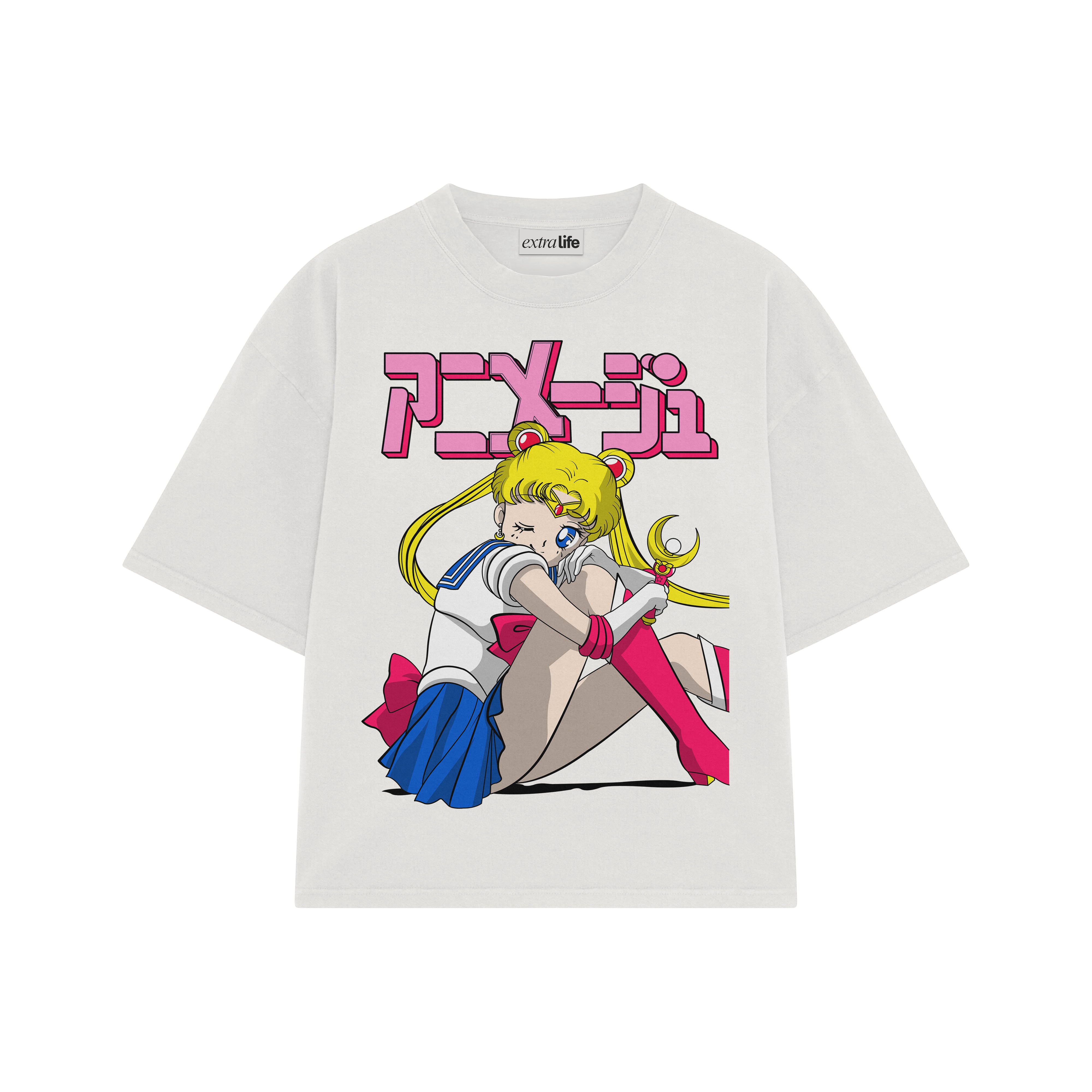 Playera streetwear premium de anime y gaming ExtraLife MX, corte boxy oversized drop shoulder heavyweight en color Deep Black y Off-White, moda urbana mexicana de culto.