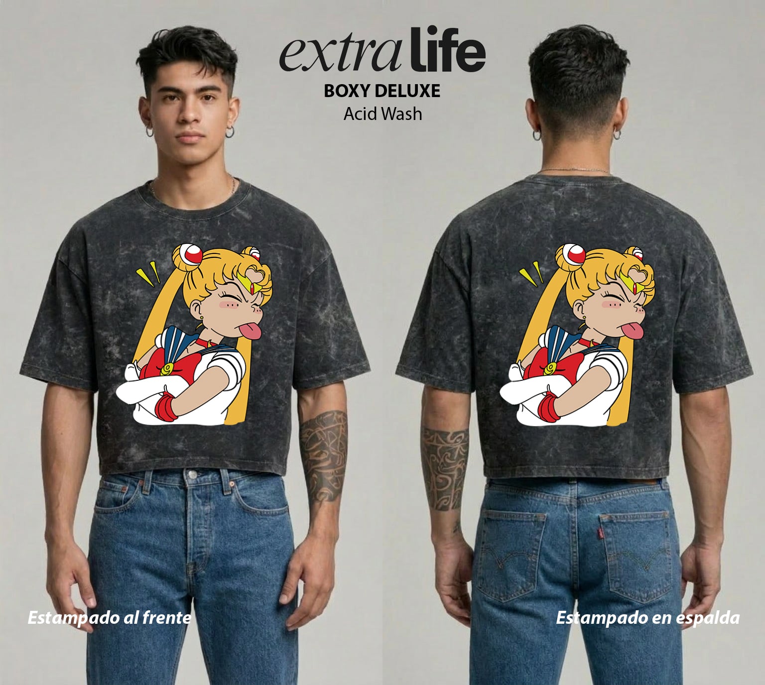 Playera streetwear premium de anime y gaming ExtraLife MX, corte boxy deluxe mineral wash heavyweight en color Acid Wash, moda urbana mexicana de culto.