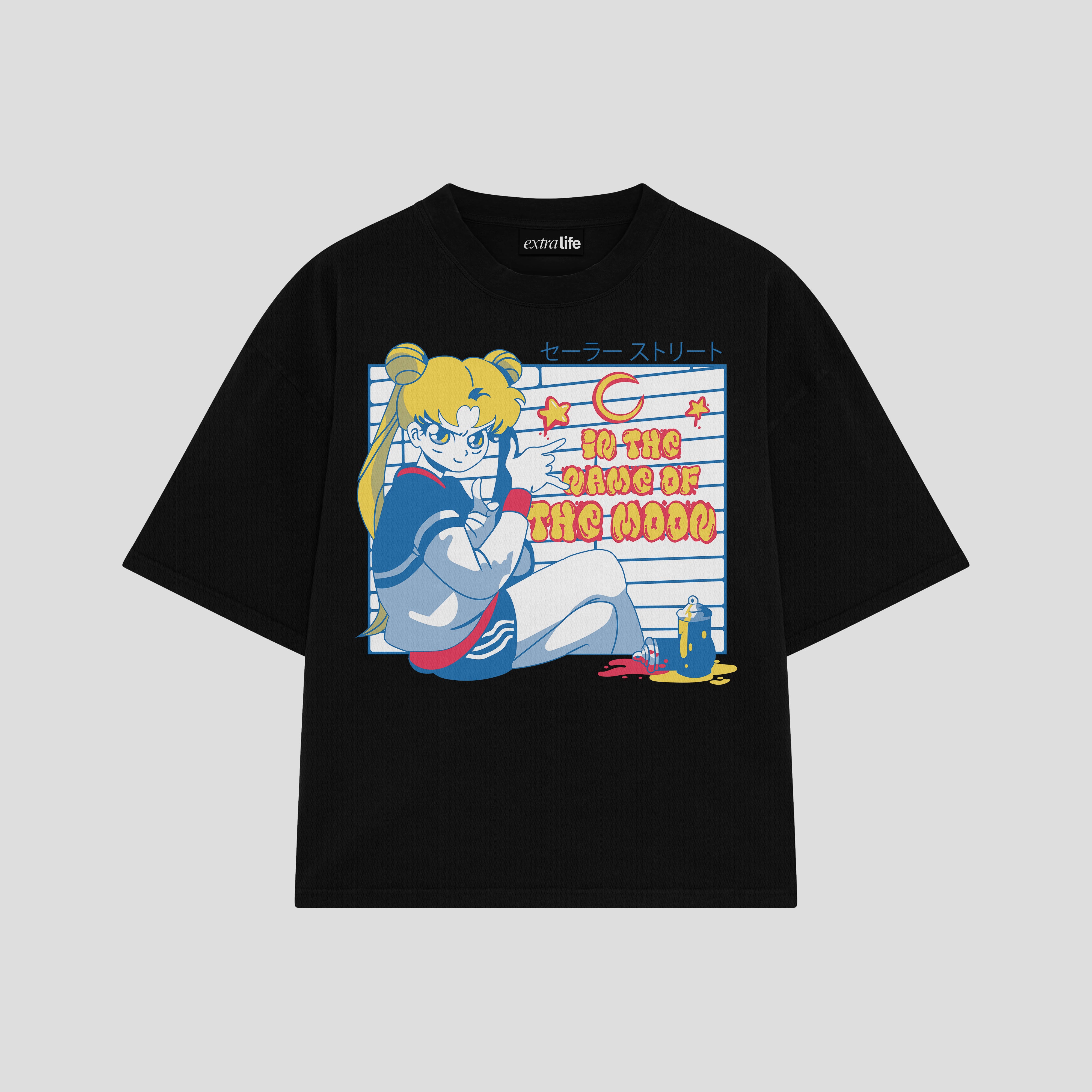 Playera streetwear premium de anime y gaming ExtraLife MX, corte boxy oversized drop shoulder heavyweight en color Deep Black y Off-White, moda urbana mexicana de culto.