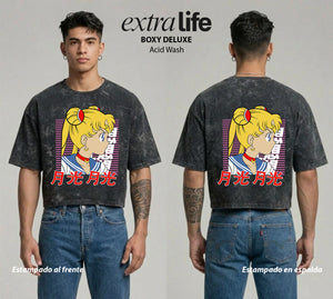 Playera streetwear premium de anime y gaming ExtraLife MX, corte boxy deluxe mineral wash heavyweight en color Acid Wash, moda urbana mexicana de culto.