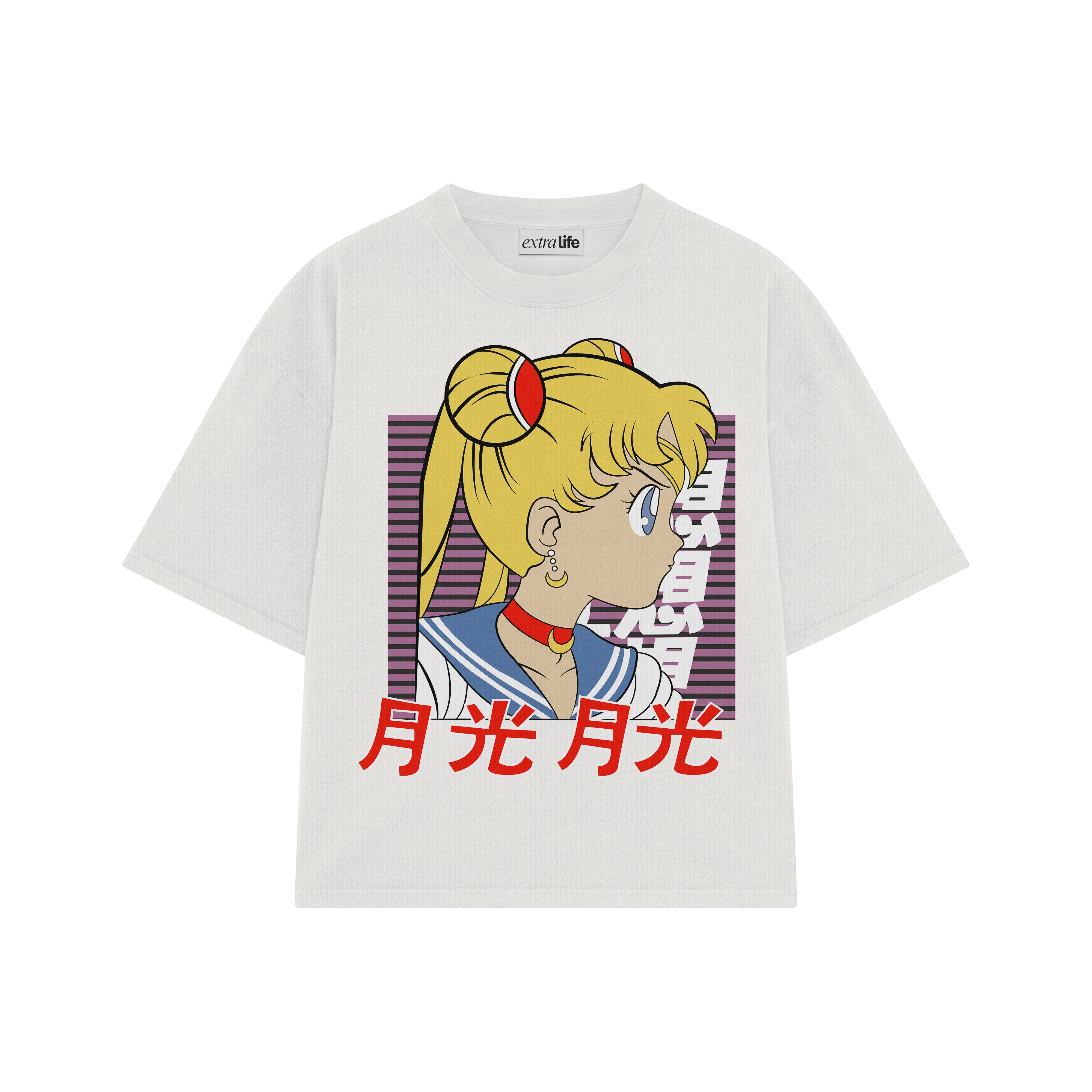 Playera streetwear premium de anime y gaming ExtraLife MX, corte boxy oversized drop shoulder heavyweight en color Deep Black y Off-White, moda urbana mexicana de culto.