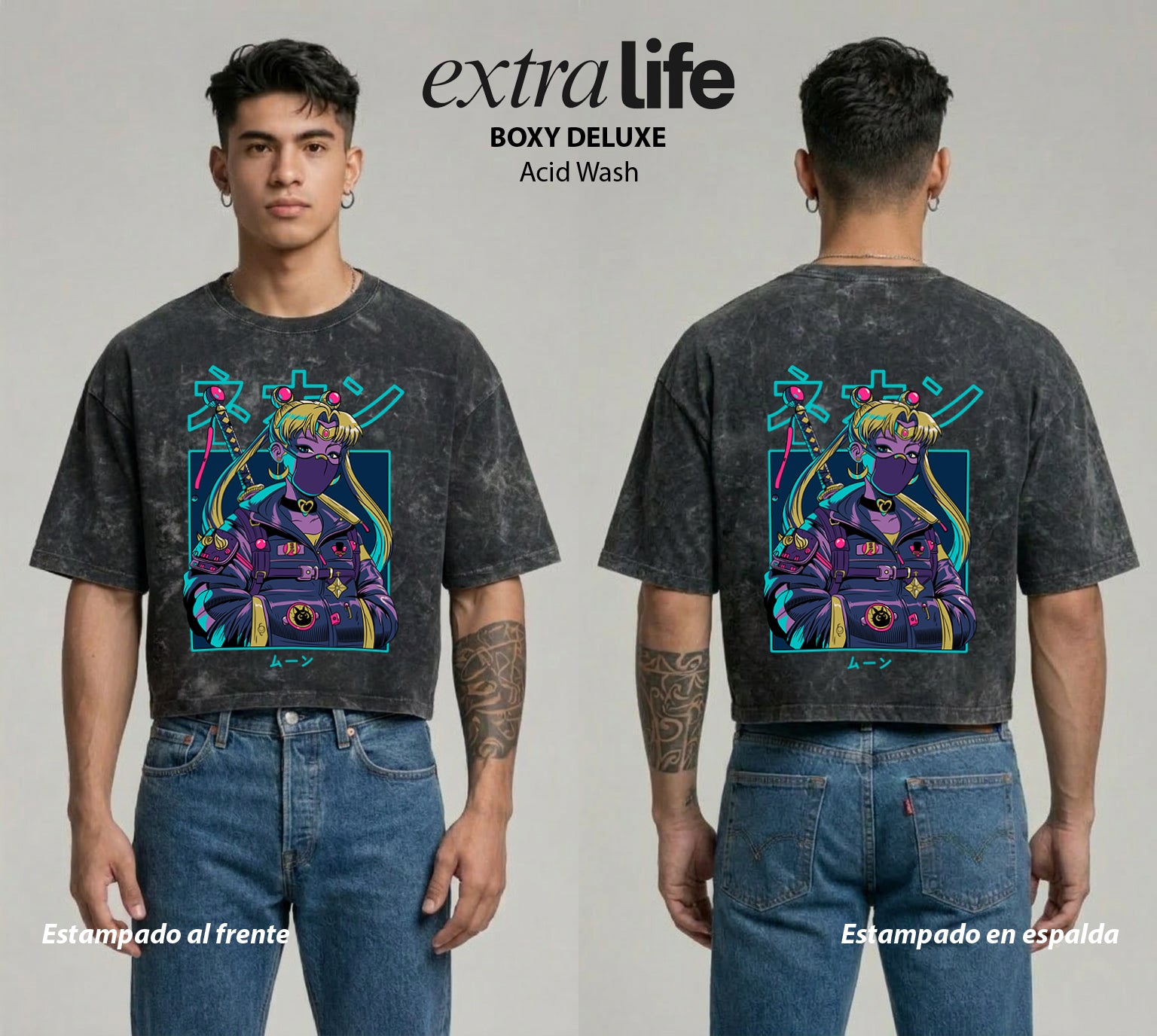 Playera streetwear premium de anime y gaming ExtraLife MX, corte boxy deluxe mineral wash heavyweight en color Acid Wash, moda urbana mexicana de culto.