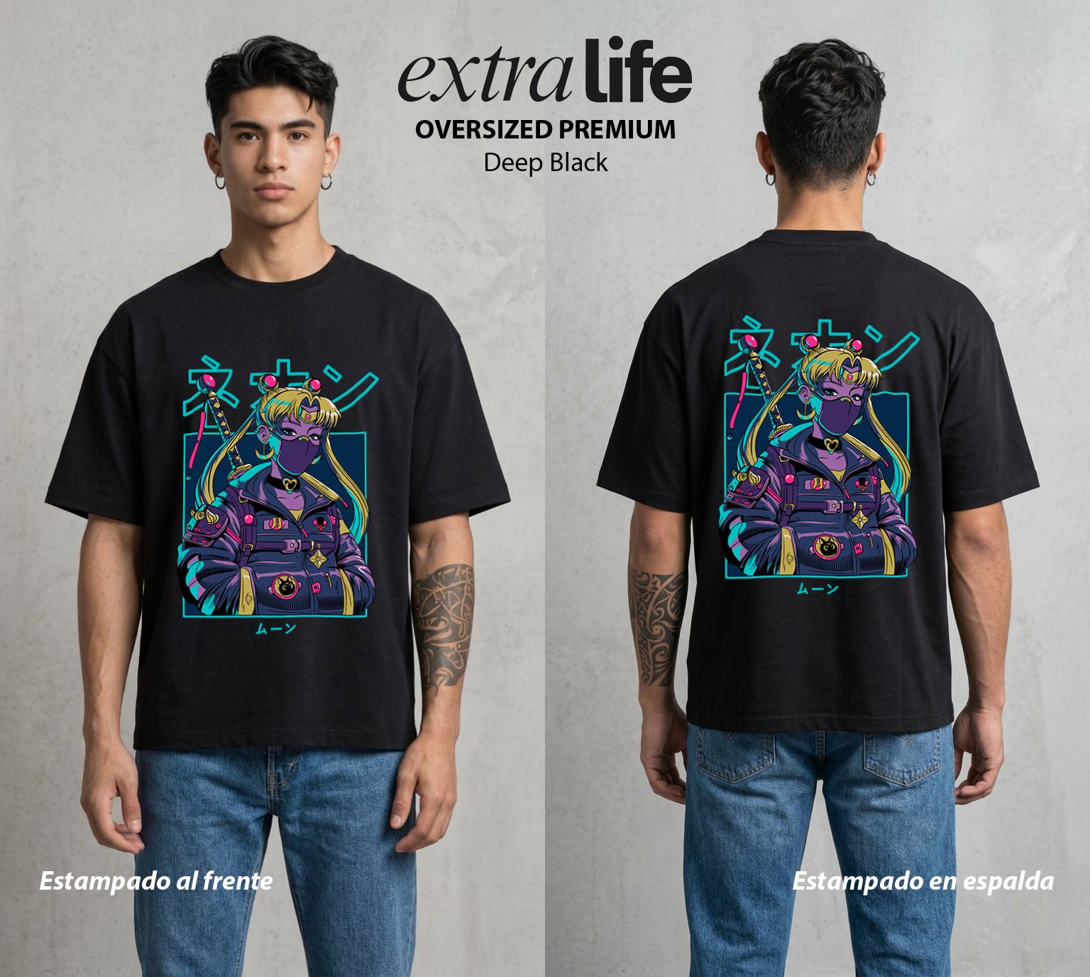 Las Guerreras del Cosmos | La Luna del Cosmos #03736 - Playera Oversized Premium | Deep Black - Foto en modelo