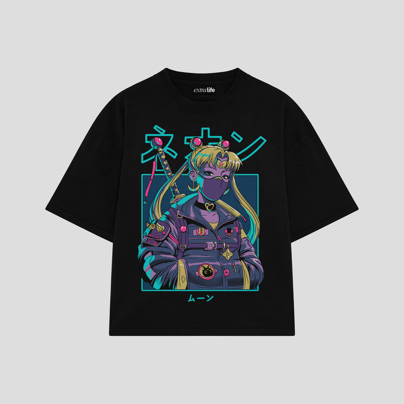 Playera streetwear premium de anime y gaming ExtraLife MX, corte boxy oversized drop shoulder heavyweight en color Deep Black y Off-White, moda urbana mexicana de culto.