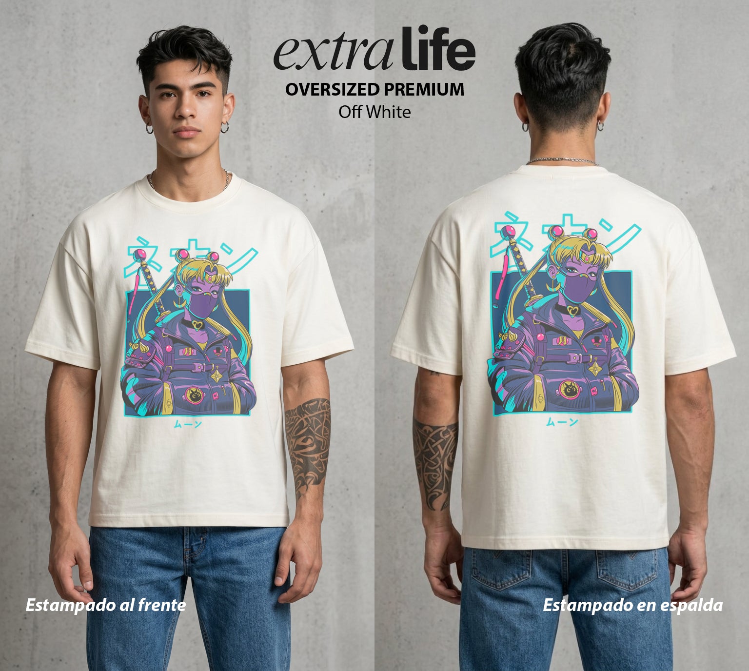 Las Guerreras del Cosmos | La Luna del Cosmos #03736 - Playera Oversized Premium | Off White - Foto en modelo