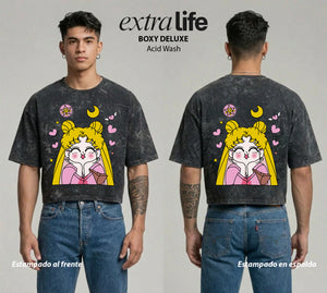 Playera streetwear premium de anime y gaming ExtraLife MX, corte boxy deluxe mineral wash heavyweight en color Acid Wash, moda urbana mexicana de culto.