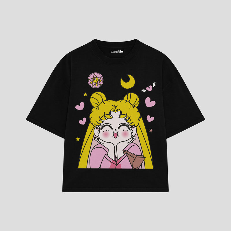 Playera streetwear premium de anime y gaming ExtraLife MX, corte boxy oversized drop shoulder heavyweight en color Deep Black y Off-White, moda urbana mexicana de culto.