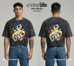 Playera streetwear premium de anime y gaming ExtraLife MX, corte boxy deluxe mineral wash heavyweight en color Acid Wash, moda urbana mexicana de culto.