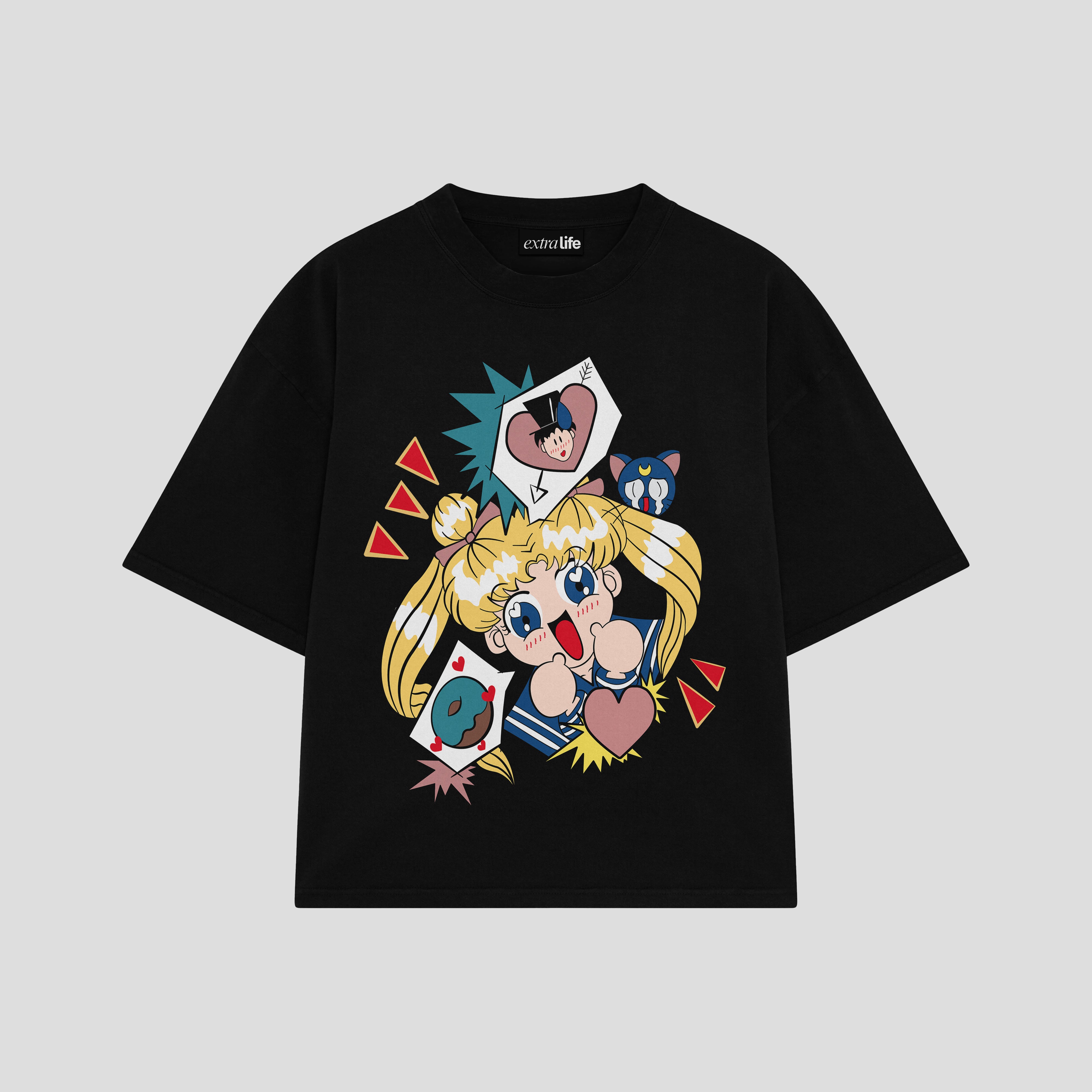 Playera streetwear premium de anime y gaming ExtraLife MX, corte boxy oversized drop shoulder heavyweight en color Deep Black y Off-White, moda urbana mexicana de culto.