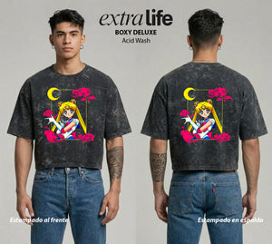 Playera streetwear premium de anime y gaming ExtraLife MX, corte boxy deluxe mineral wash heavyweight en color Acid Wash, moda urbana mexicana de culto.