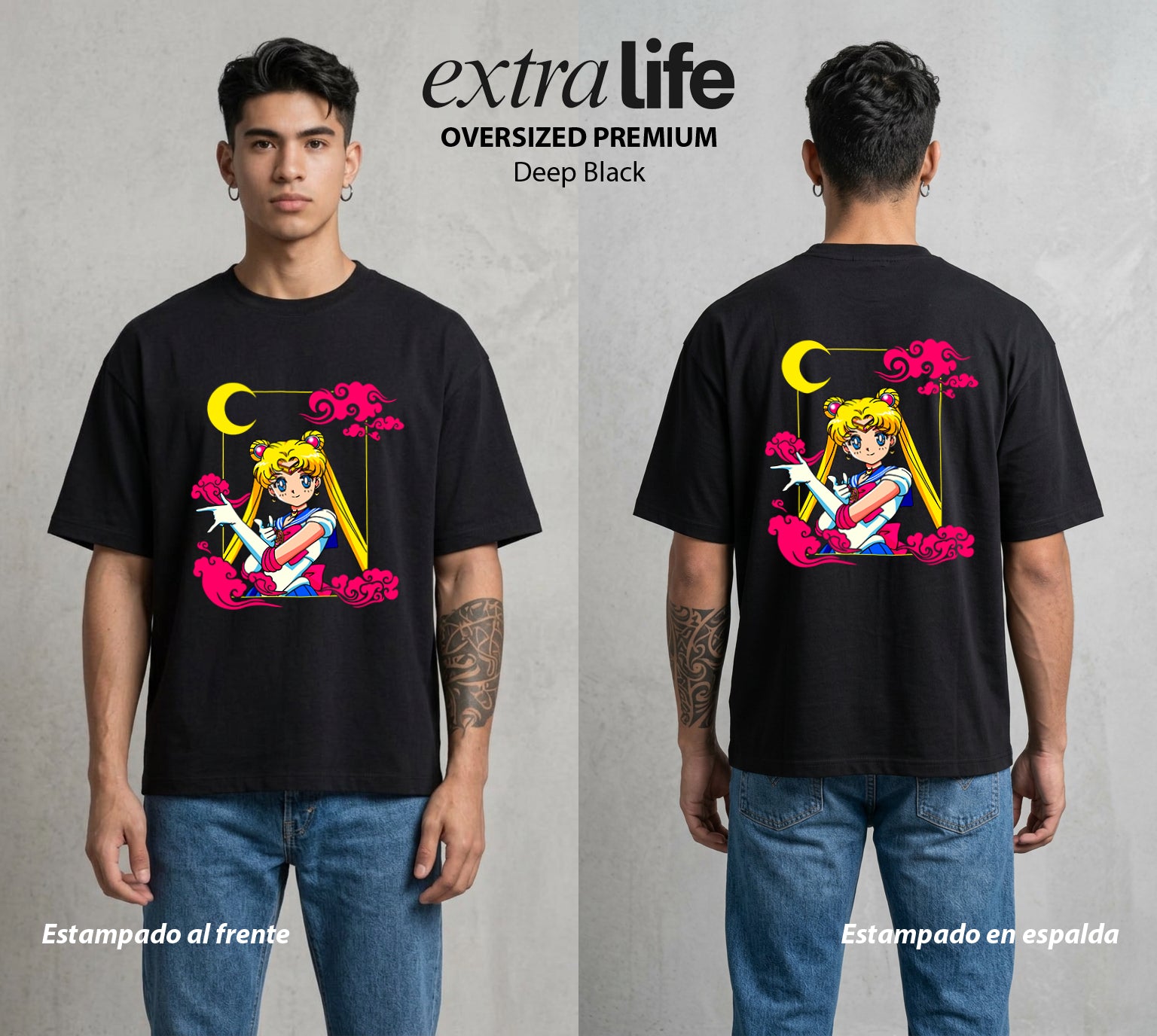 Las Guerreras del Cosmos | La Guerrera del Bien #03739 - Playera Oversized Premium | Deep Black - Foto en modelo