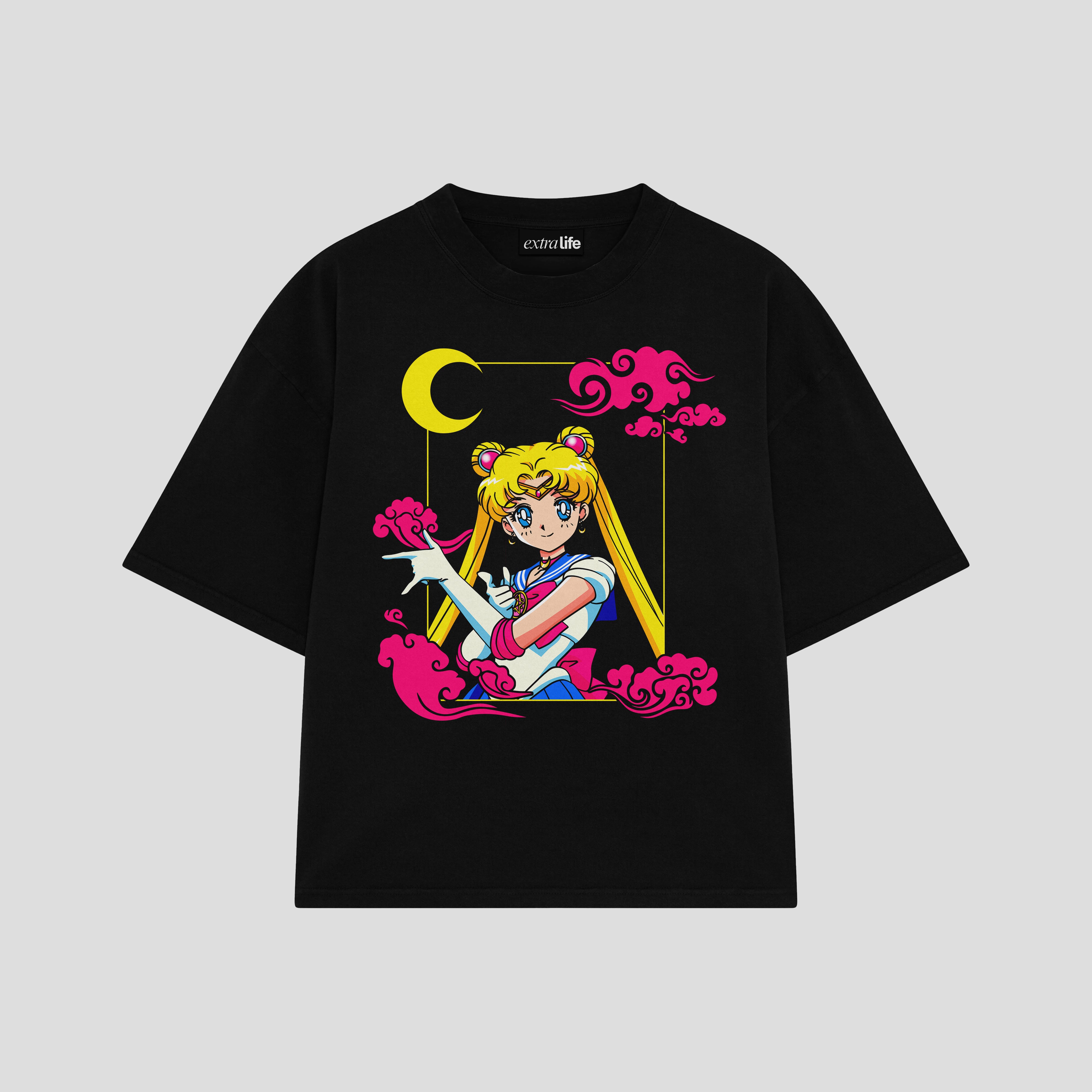 Playera streetwear premium de anime y gaming ExtraLife MX, corte boxy oversized drop shoulder heavyweight en color Deep Black y Off-White, moda urbana mexicana de culto.