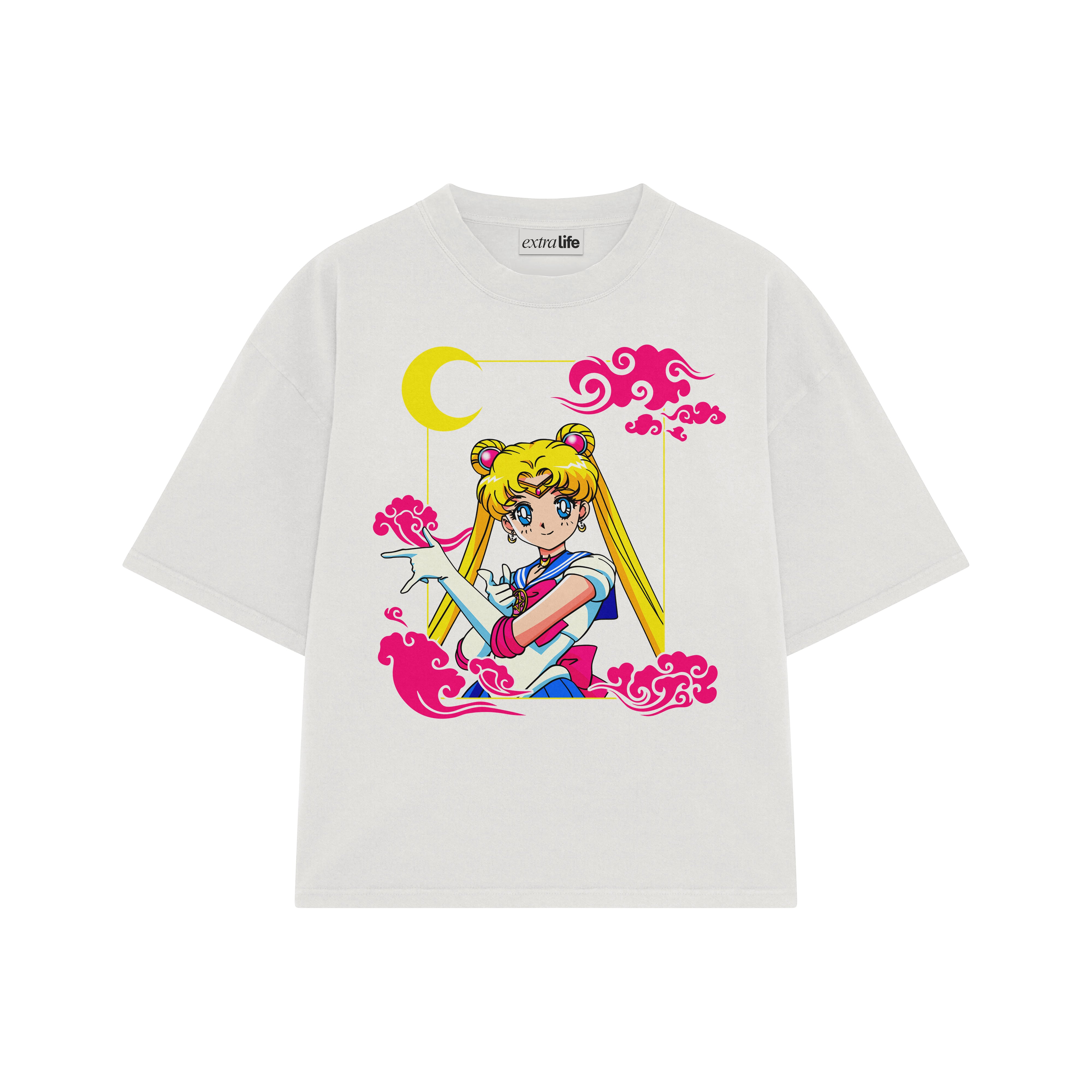 Playera streetwear premium de anime y gaming ExtraLife MX, corte boxy oversized drop shoulder heavyweight en color Deep Black y Off-White, moda urbana mexicana de culto.