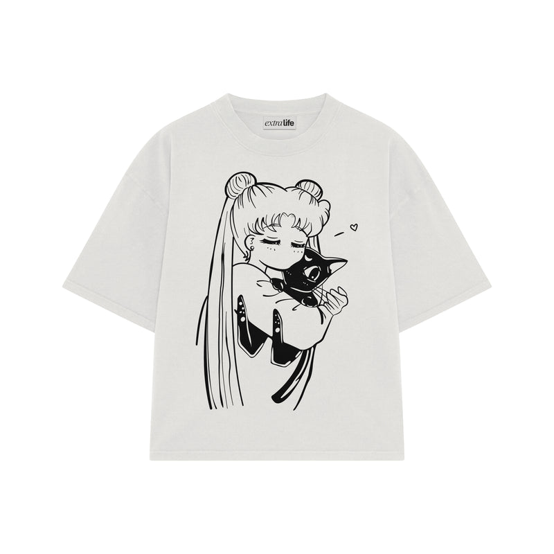 Playera streetwear premium de anime y gaming ExtraLife MX, corte boxy oversized drop shoulder heavyweight en color Deep Black y Off-White, moda urbana mexicana de culto.