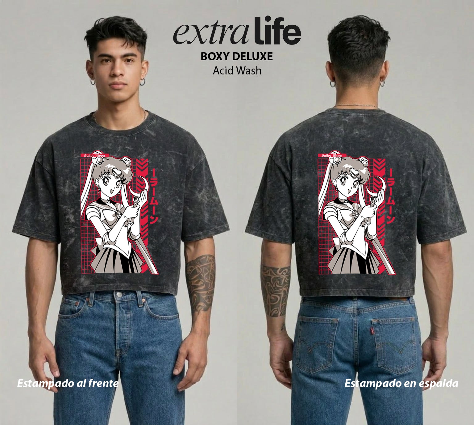 Playera streetwear premium de anime y gaming ExtraLife MX, corte boxy deluxe mineral wash heavyweight en color Acid Wash, moda urbana mexicana de culto.