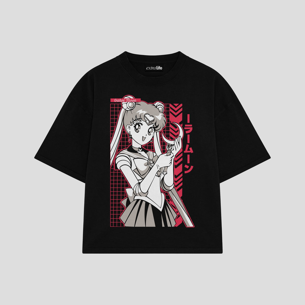 Playera streetwear premium de anime y gaming ExtraLife MX, corte oversized drop shoulder ligero y fresco en color Deep Black y Off-White, moda urbana mexicana de culto.