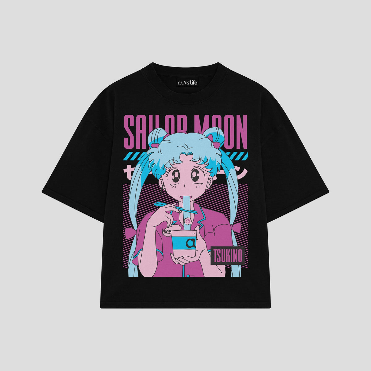 Playera streetwear premium de anime y gaming ExtraLife MX, corte oversized drop shoulder ligero y fresco en color Deep Black y Off-White, moda urbana mexicana de culto.