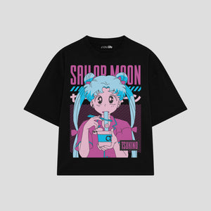 Playera streetwear premium de anime y gaming ExtraLife MX, corte boxy oversized drop shoulder heavyweight en color Deep Black y Off-White, moda urbana mexicana de culto.