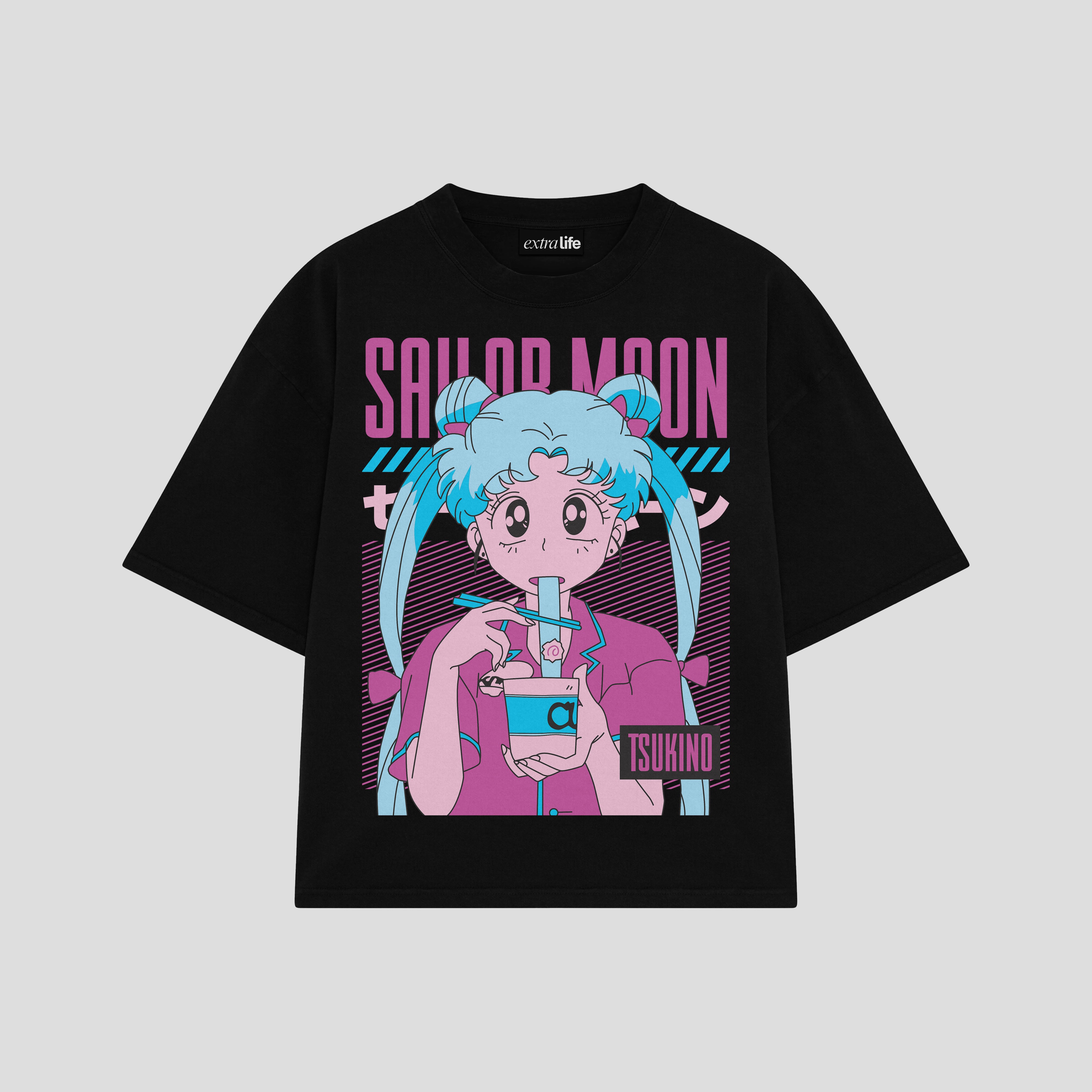 Playera streetwear premium de anime y gaming ExtraLife MX, corte boxy oversized drop shoulder heavyweight en color Deep Black y Off-White, moda urbana mexicana de culto.