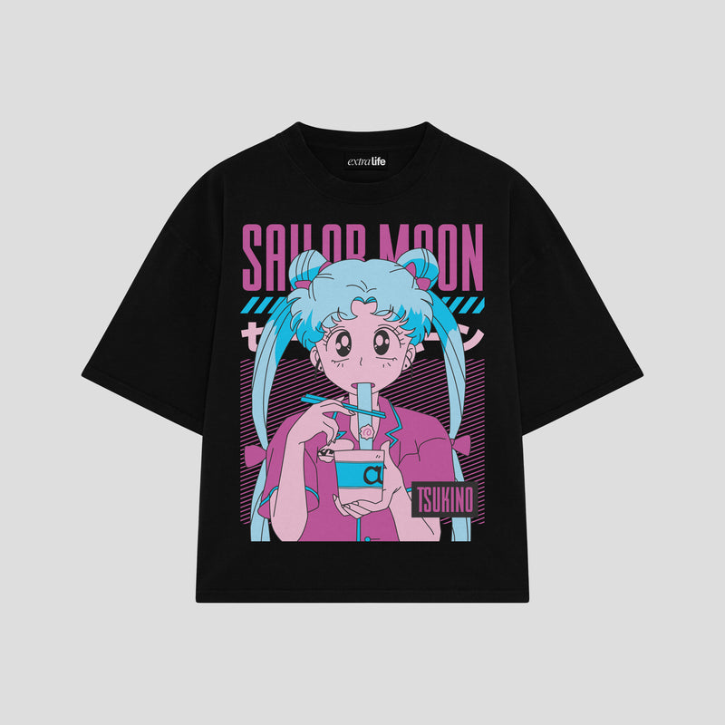 Playera streetwear premium de anime y gaming ExtraLife MX, corte boxy oversized drop shoulder heavyweight en color Deep Black y Off-White, moda urbana mexicana de culto.