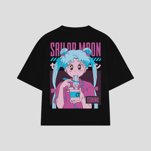 Playera streetwear premium de anime y gaming ExtraLife MX, corte boxy oversized drop shoulder heavyweight en color Deep Black y Off-White, moda urbana mexicana de culto.