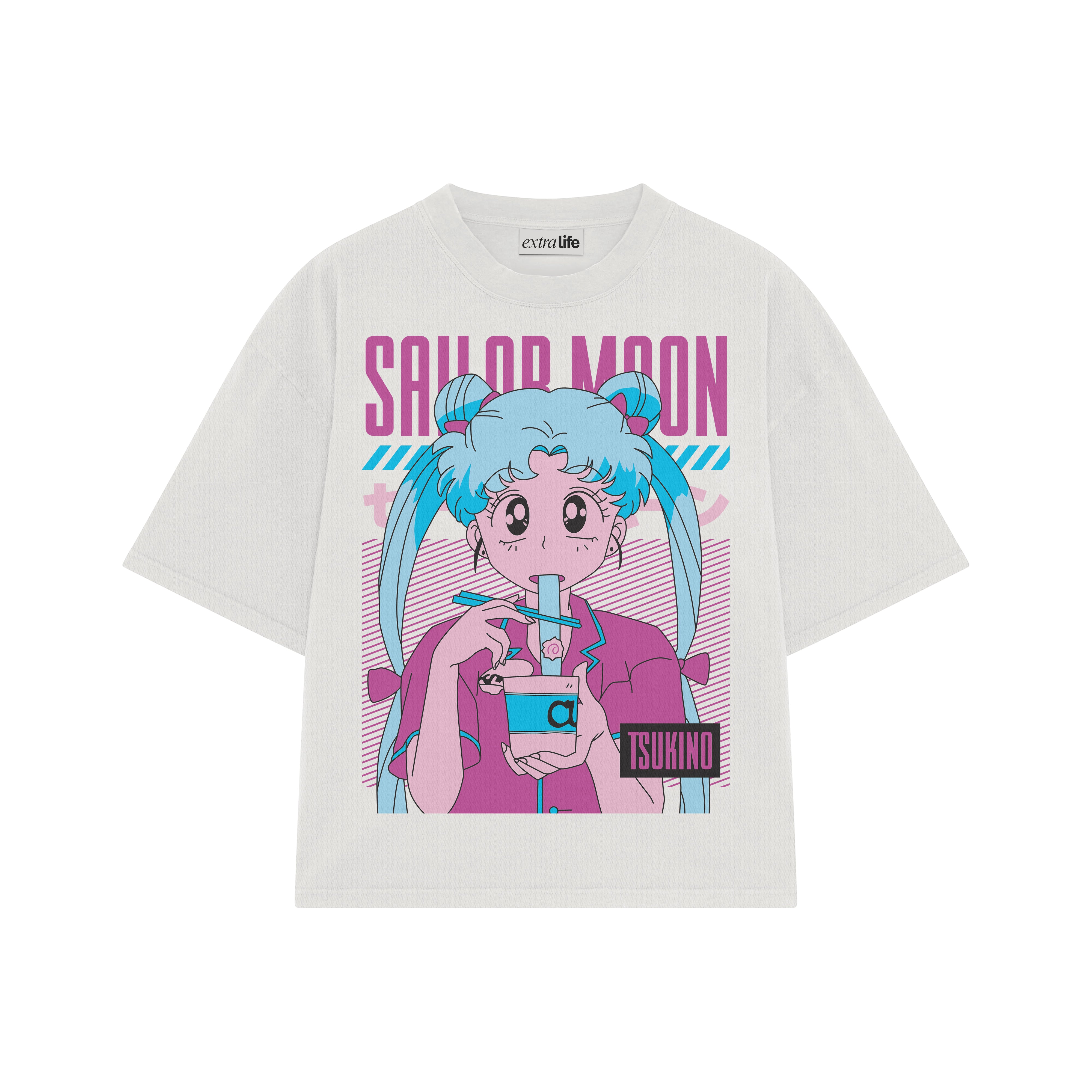 Playera streetwear premium de anime y gaming ExtraLife MX, corte boxy oversized drop shoulder heavyweight en color Deep Black y Off-White, moda urbana mexicana de culto.