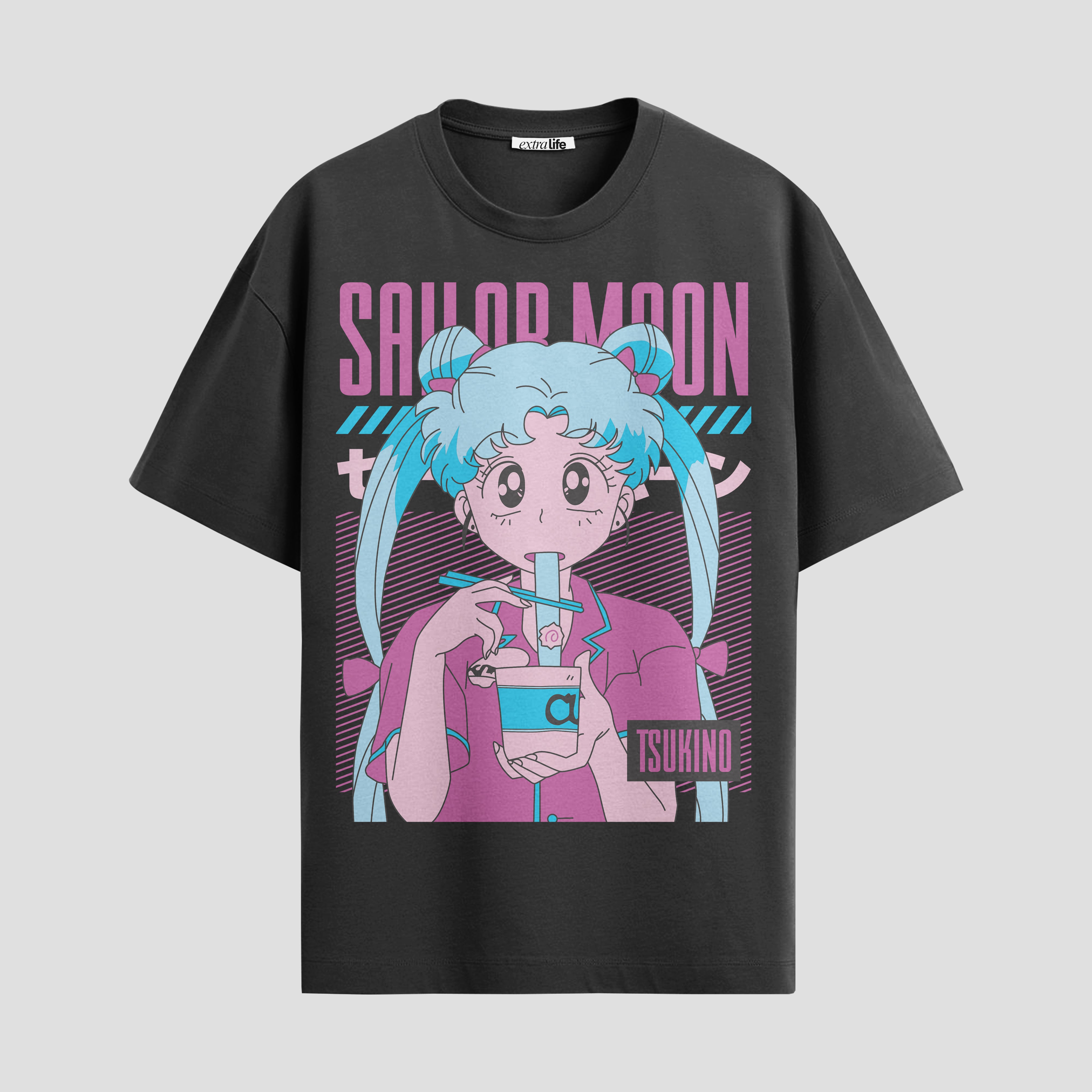 Playera urbana de anime y gaming ExtraLife MX, corte Standard Fit unisex ligero y transpirable en color Deep Black y Pure White, ropa de uso diario para gym y casual.