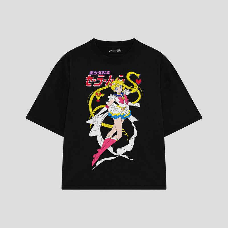 Playera streetwear premium de anime y gaming ExtraLife MX, corte boxy oversized drop shoulder heavyweight en color Deep Black y Off-White, moda urbana mexicana de culto.