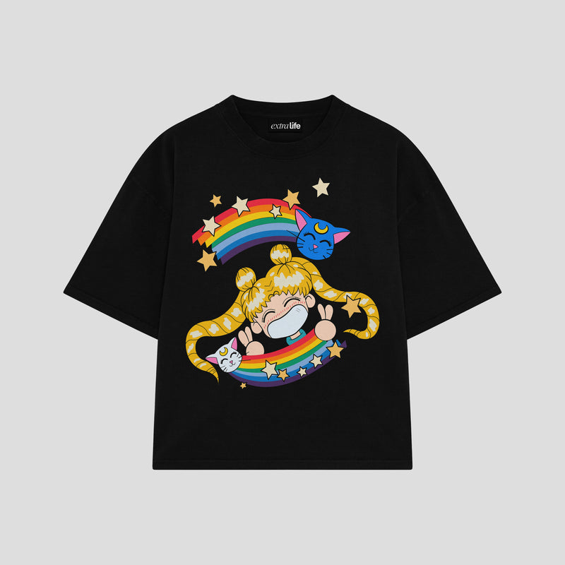 Playera streetwear premium de anime y gaming ExtraLife MX, corte boxy oversized drop shoulder heavyweight en color Deep Black y Off-White, moda urbana mexicana de culto.