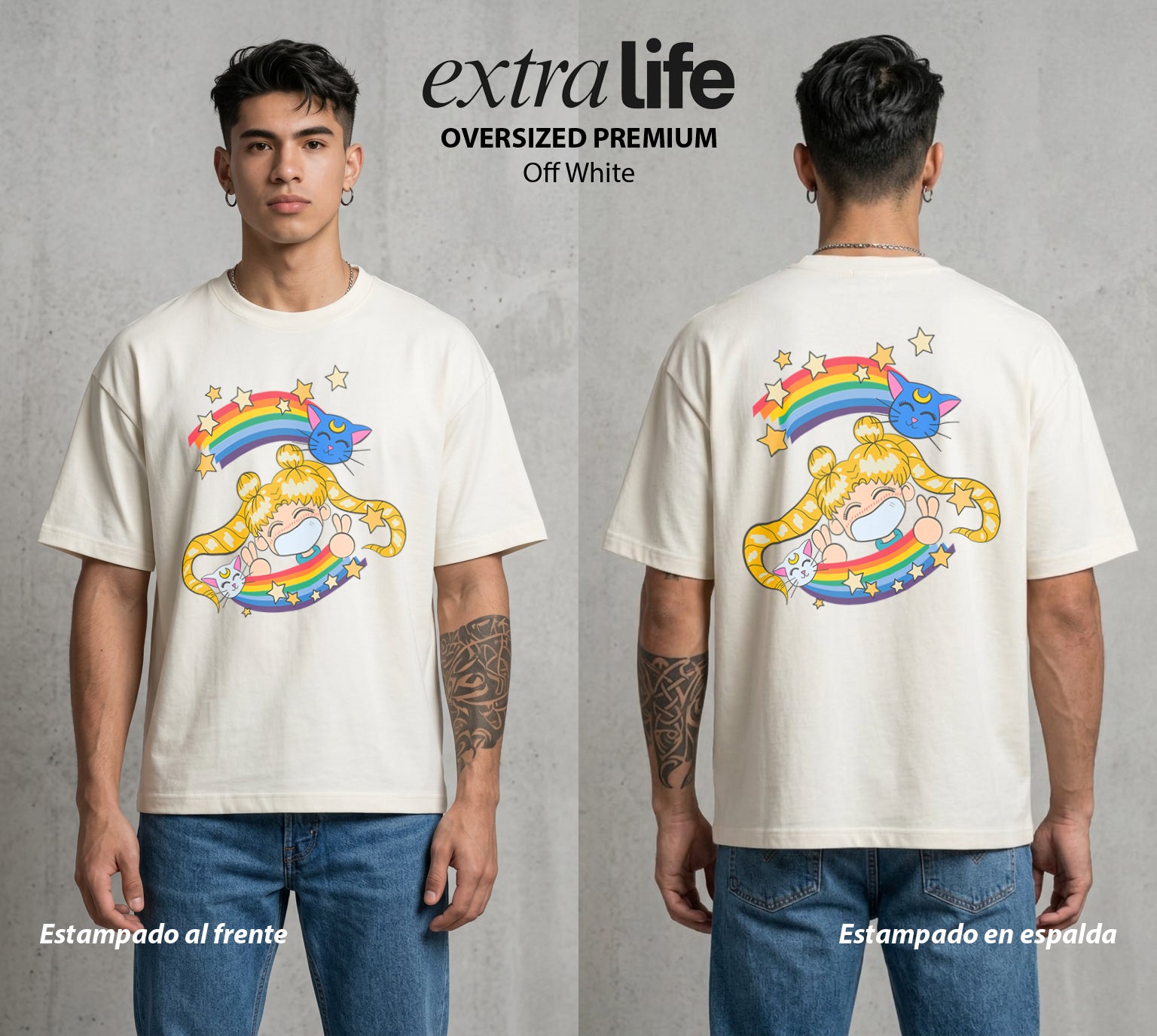 Las Guerreras del Cosmos | La Guerrera del Bien #03747 - Playera Oversized Premium | Off White - Foto en modelo
