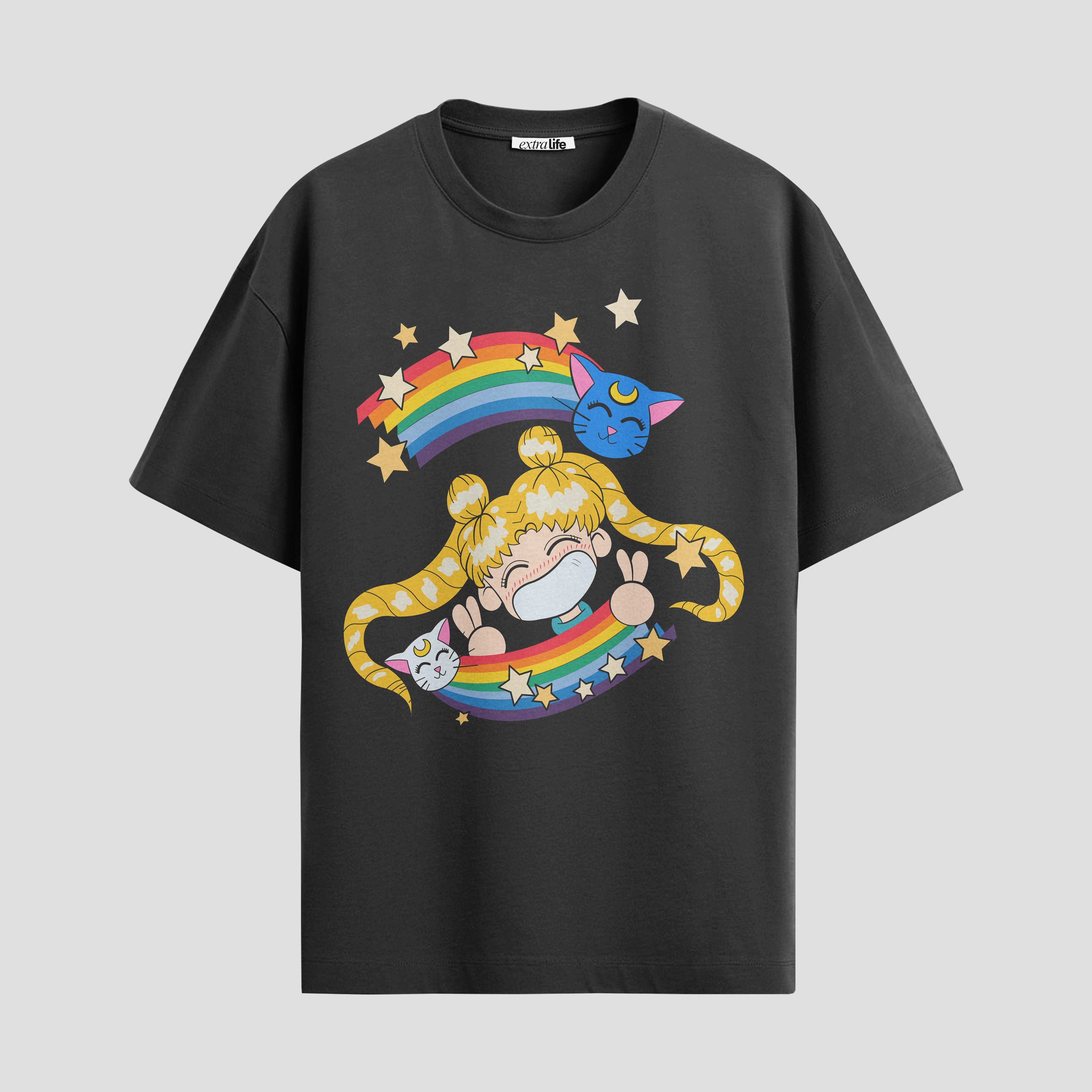 Playera urbana de anime y gaming ExtraLife MX, corte Standard Fit unisex ligero y transpirable en color Deep Black y Pure White, ropa de uso diario para gym y casual.