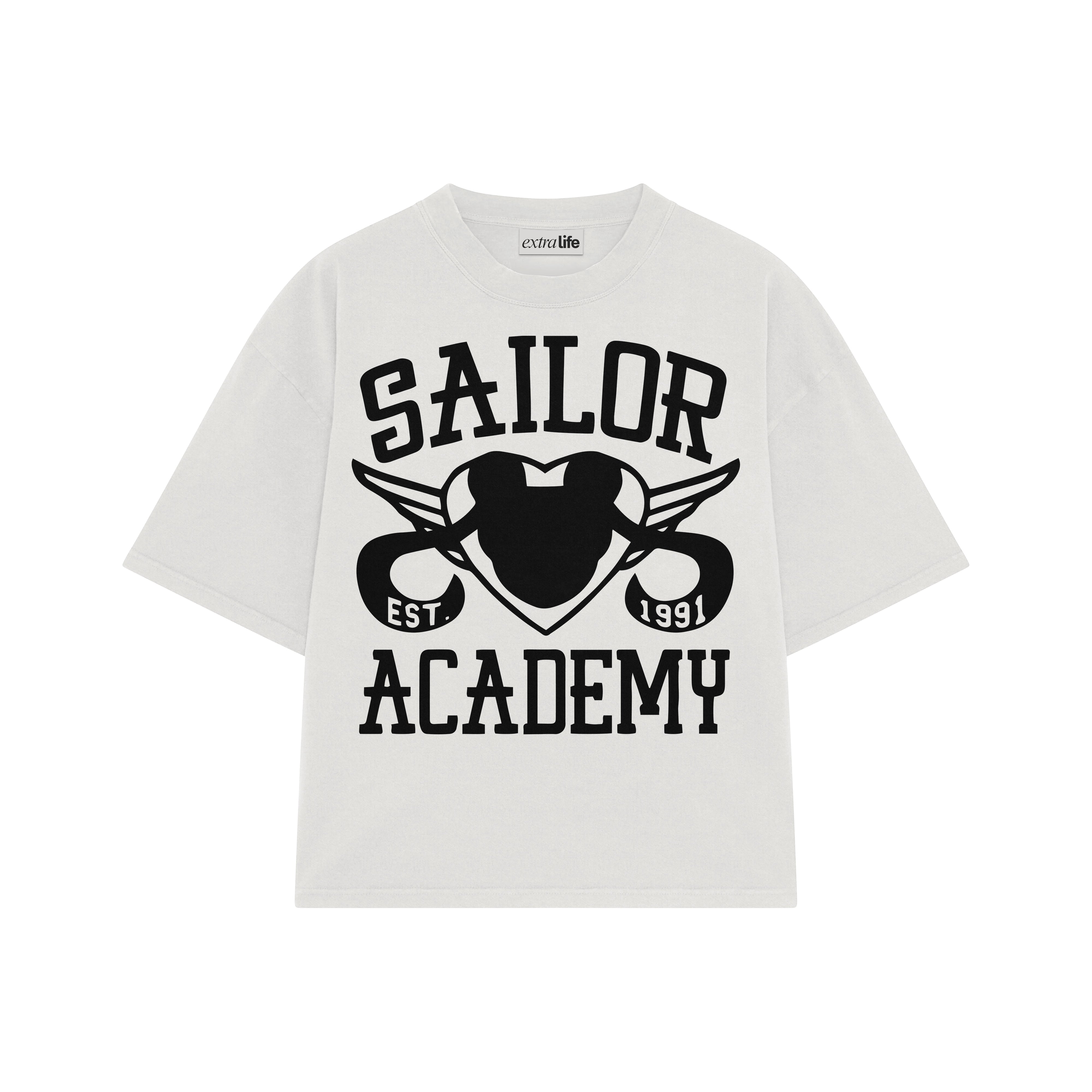 Playera streetwear premium de anime y gaming ExtraLife MX, corte boxy oversized drop shoulder heavyweight en color Deep Black y Off-White, moda urbana mexicana de culto.