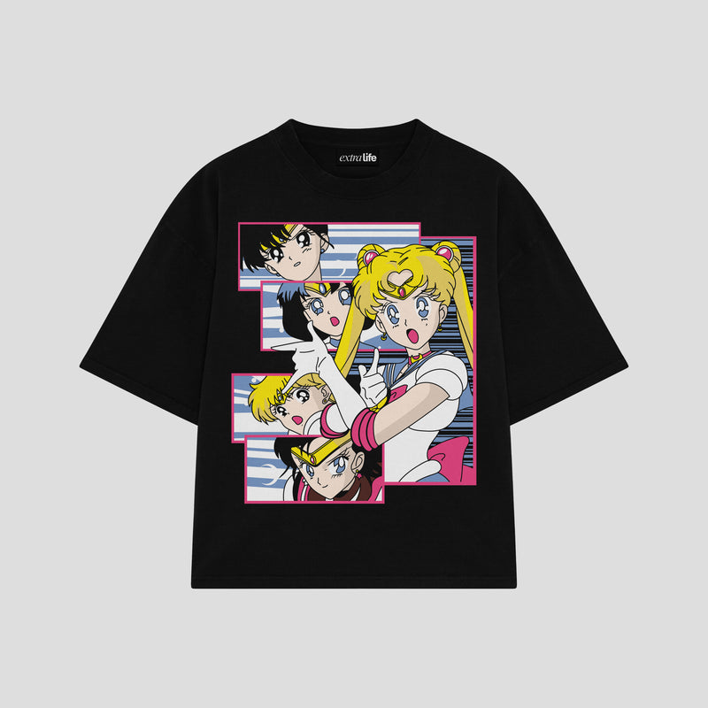Playera streetwear premium de anime y gaming ExtraLife MX, corte boxy oversized drop shoulder heavyweight en color Deep Black y Off-White, moda urbana mexicana de culto.