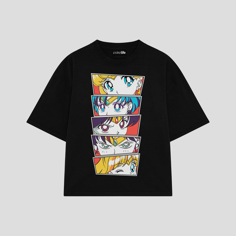 Playera streetwear premium de anime y gaming ExtraLife MX, corte boxy oversized drop shoulder heavyweight en color Deep Black y Off-White, moda urbana mexicana de culto.