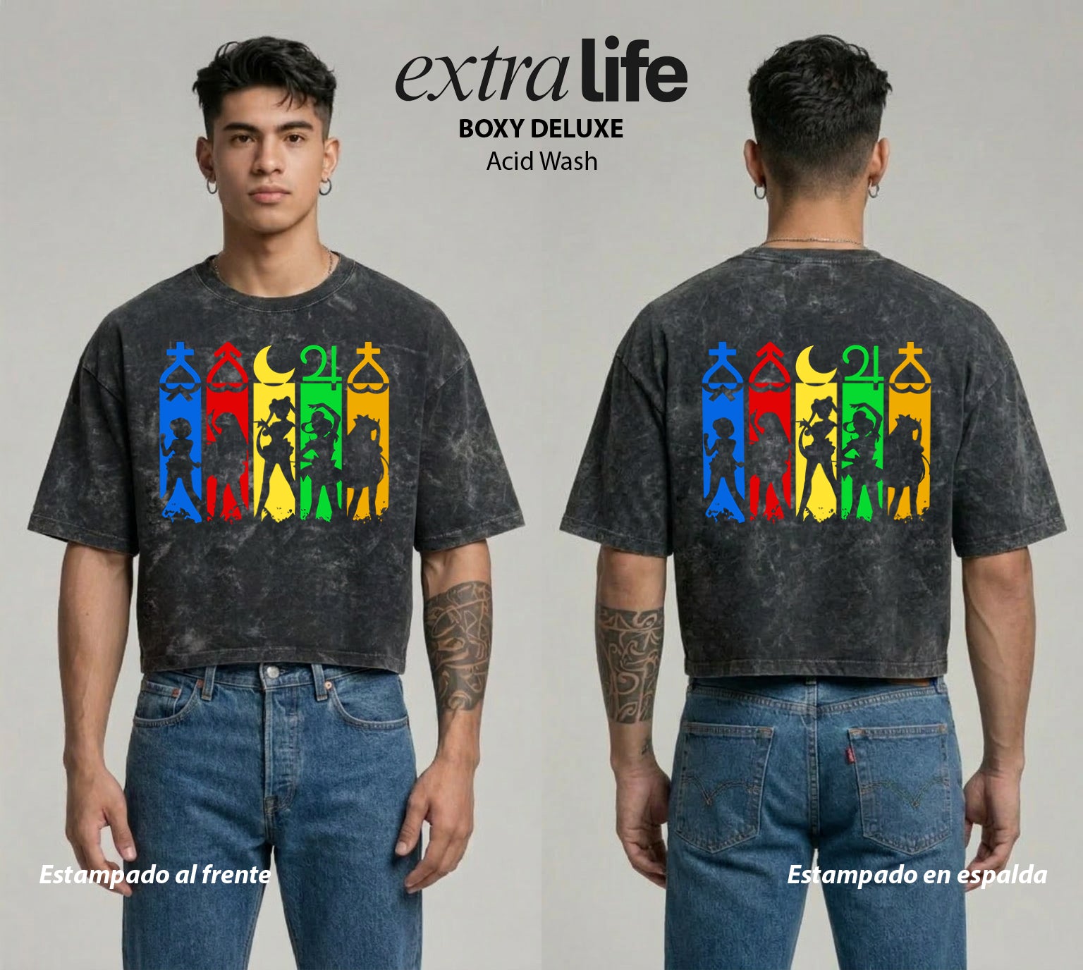 Playera streetwear premium de anime y gaming ExtraLife MX, corte boxy deluxe mineral wash heavyweight en color Acid Wash, moda urbana mexicana de culto.