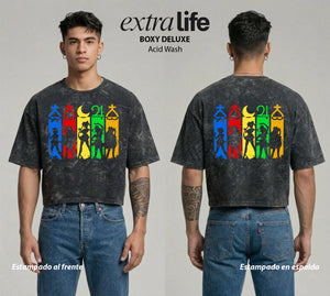 Playera streetwear premium de anime y gaming ExtraLife MX, corte boxy deluxe mineral wash heavyweight en color Acid Wash, moda urbana mexicana de culto.