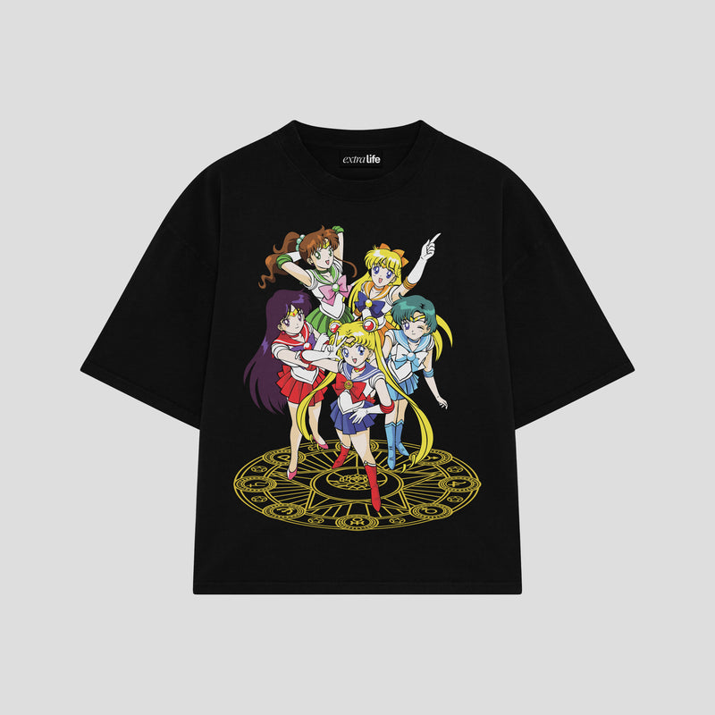 Playera streetwear premium de anime y gaming ExtraLife MX, corte boxy oversized drop shoulder heavyweight en color Deep Black y Off-White, moda urbana mexicana de culto.