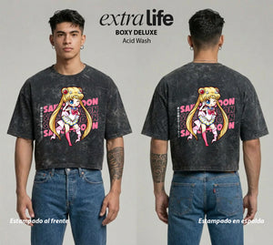 Playera streetwear premium de anime y gaming ExtraLife MX, corte boxy deluxe mineral wash heavyweight en color Acid Wash, moda urbana mexicana de culto.
