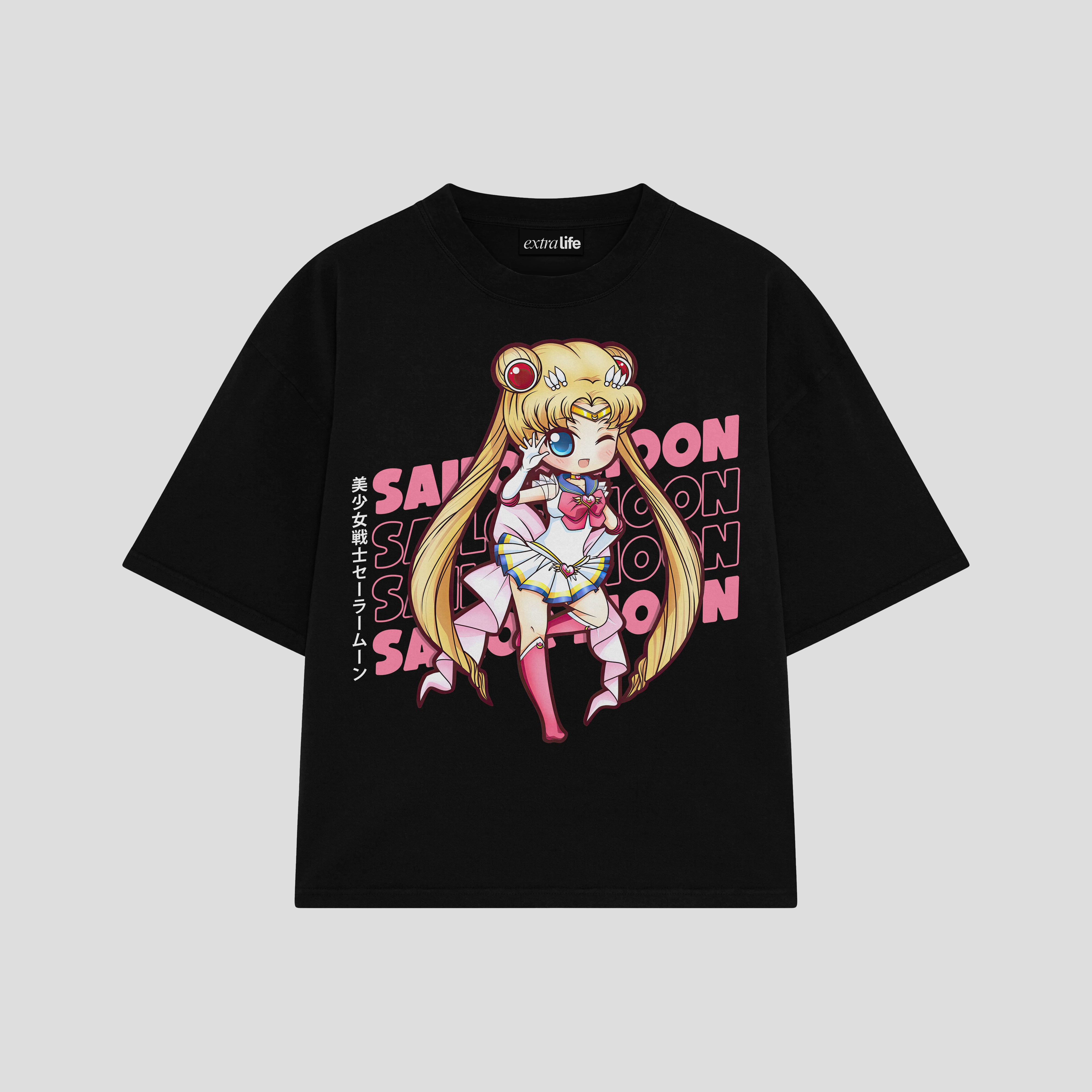 Playera streetwear premium de anime y gaming ExtraLife MX, corte boxy oversized drop shoulder heavyweight en color Deep Black y Off-White, moda urbana mexicana de culto.