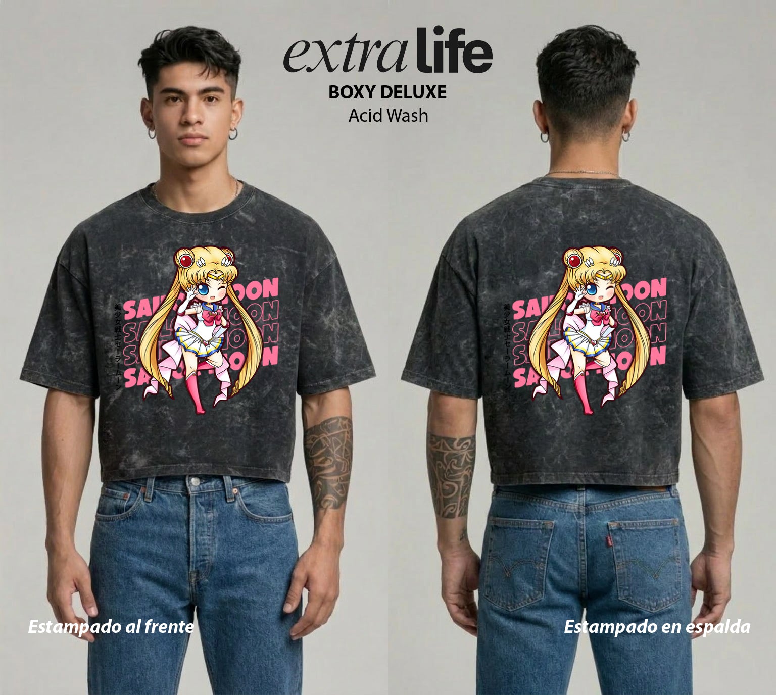 Playera streetwear premium de anime y gaming ExtraLife MX, corte boxy deluxe mineral wash heavyweight en color Acid Wash, moda urbana mexicana de culto.